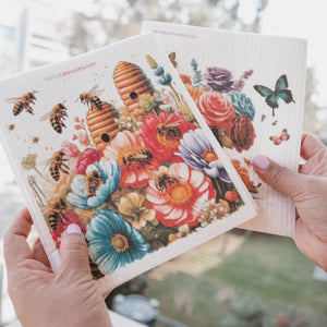 Eco-Friendly Swedish Dishcloths - Bees and Spring Flowers Set of 3 (Paper Towel Replacements)
