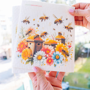 Eco-Friendly Swedish Dishcloths - Bees with Wood Beehive Set of 3 (Paper Towel Replacements)