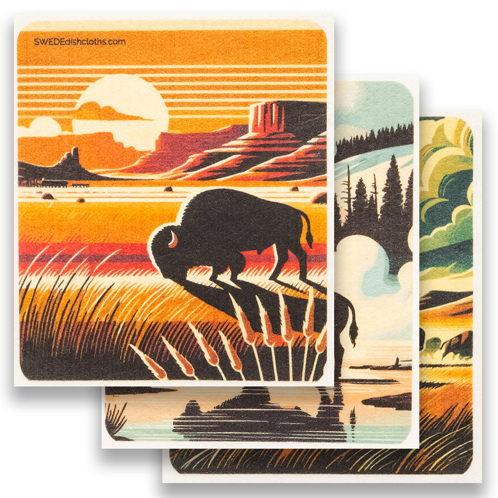 Eco-Friendly Swedish Dishcloths - Mixed Bison Set of 3 (Paper Towel Replacements, One of Each Design)