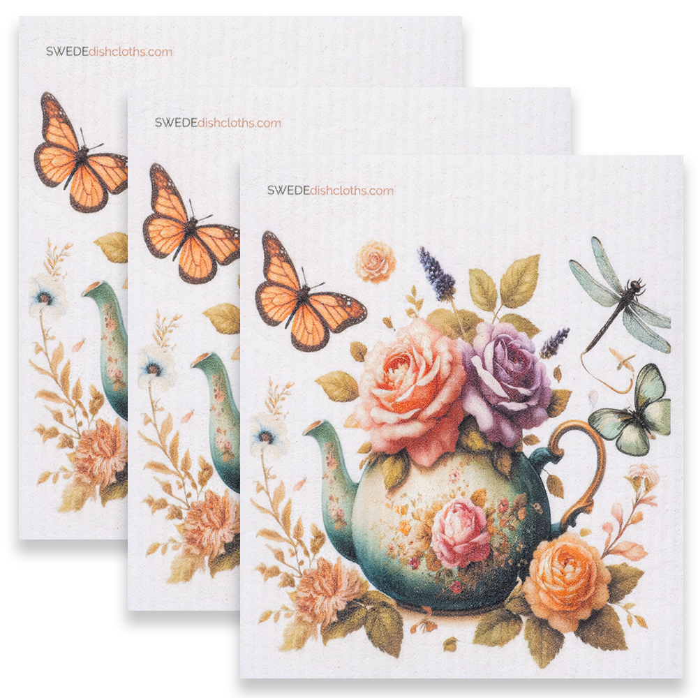 Eco-Friendly Swedish Dishcloths - Roses with Butterflies Set of 3 (Paper Towel Replacements)