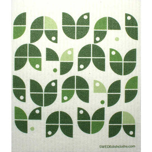 Geometric Flowers Green on White One cloth Swedish Dishcloths | ECO Friendly Absorbent Cleaning Cloth